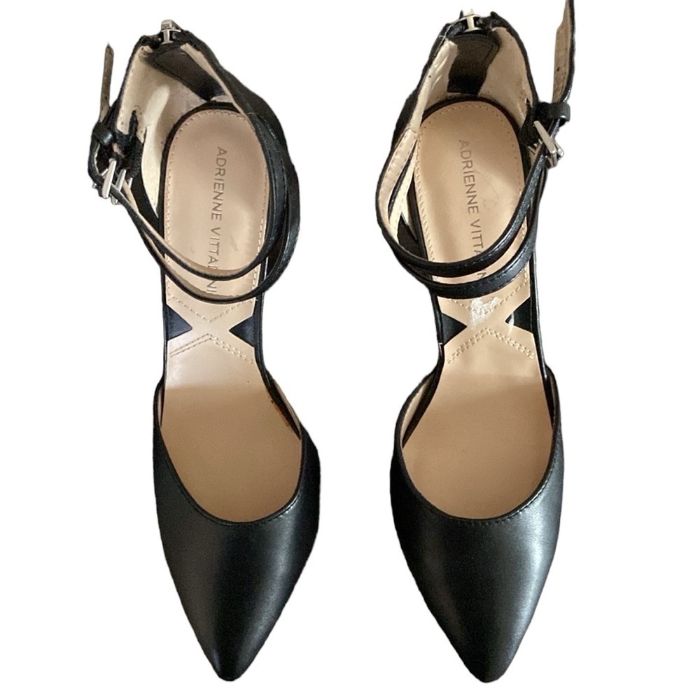 Adrienne Vittadini Black Leather Pointy Toe Double Ankle Strap Heel Shoes 7.5M - Picture 2 of 7
